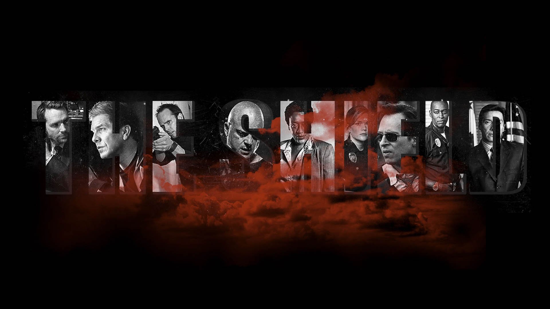 پوستر سریال The Shield با حضور شخصیت های اصلی آن در حروف اسم این سریال 