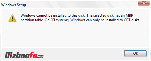 ارور Windows cannot be installed to this disk. The selected disk has an MBR partition table. On EFI systems, Windows can only be installed to GPT disks