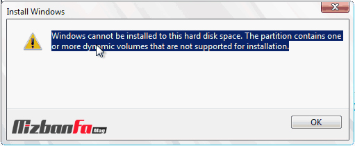 The partition contains one or more dynamic volumes that are not supported for installation
